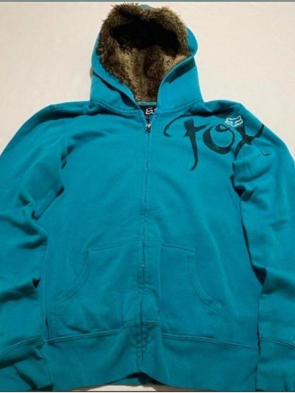 Fox Teal Hoodie Jacket with Brown Sherpa Hood Lining